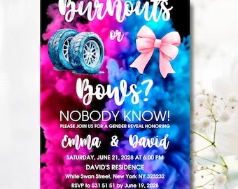 Burnouts or Bows Gender Reveal Invitation (Digital Download)