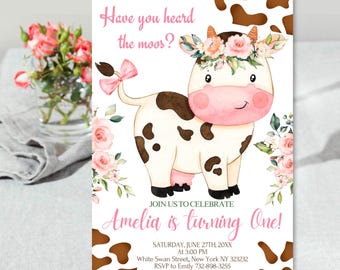 Editable Cow Birthday Invitation, Pink & Gold Girl Birthday Theme, Farm Animal Invite, Any Age