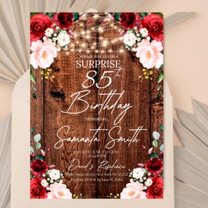Editable Burgundy Floral Women Birthday Invitation, Any Age, String Lights Wood Party, Rustic Theme