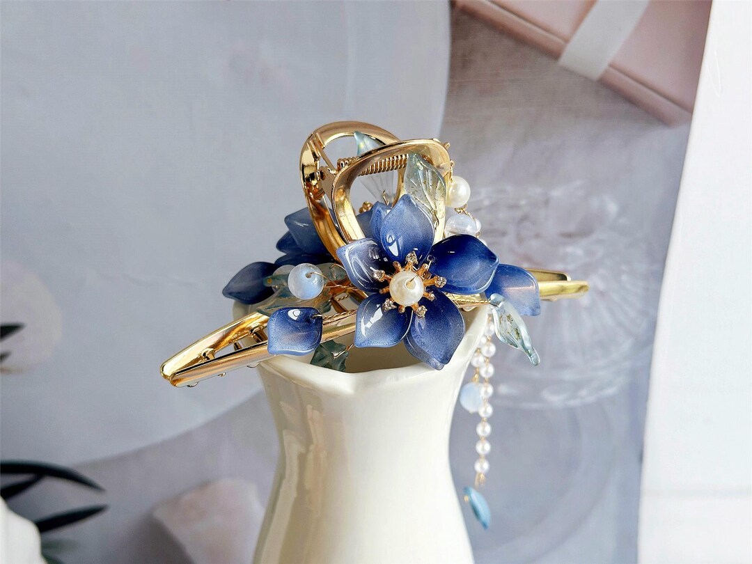 Blue Flower Claw Clip/ Vintage Hair Claw Clip/ Women Metal Claw Clip/ Hair Claw With Pearl ...