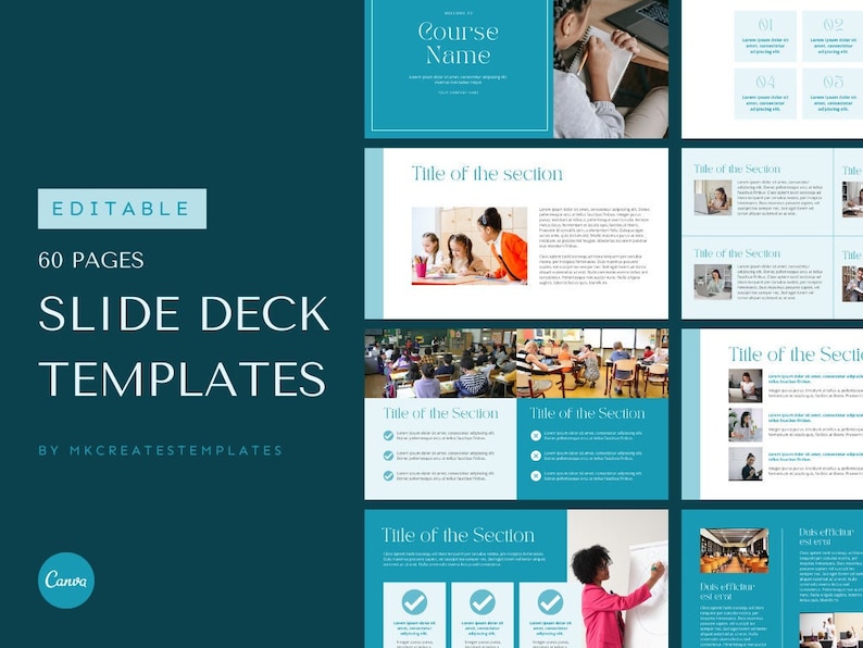 Może przedstawiać: Szablon prezentacji w kolorze niebieskim i białym z tekstem "Editable 60 Pages Slide Deck Templates by MKCREATESTEMPLATES Canva" i obrazami uczni&oacute;w w klasie. Szablon zawiera slajd tytułowy z tekstem "Course Name" oraz kilka innych slajd&oacute;w z tytułami, takimi jak "Title of the Section".