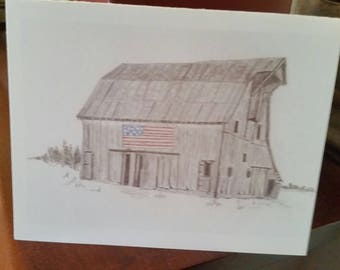 Artist NOTECARDS hand drawn graphite digital print package of 8 Country AMERICAN FLAG