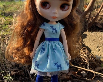 Blue Deer Dress for 1/6 Doll such as Blythe - reindeer stars woodland creatures - optional socks and petticoat