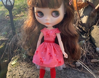 Pink and Red Deer Dress for 1/6 Doll such as Blythe - reindeer stars woodland creatures - optional socks and petticoat