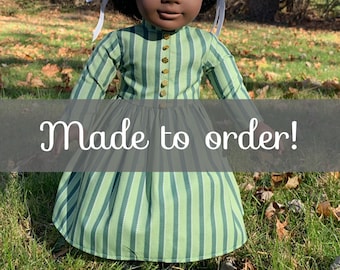 1860s Green Striped Mystery Book Dress for 18" girl doll with American theme