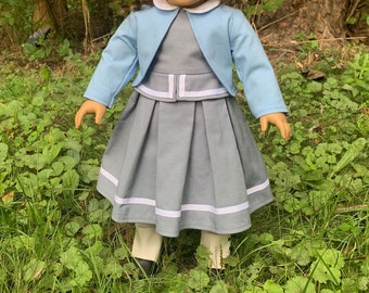 Grey 1850s dress and sky blue jacket for 18" doll