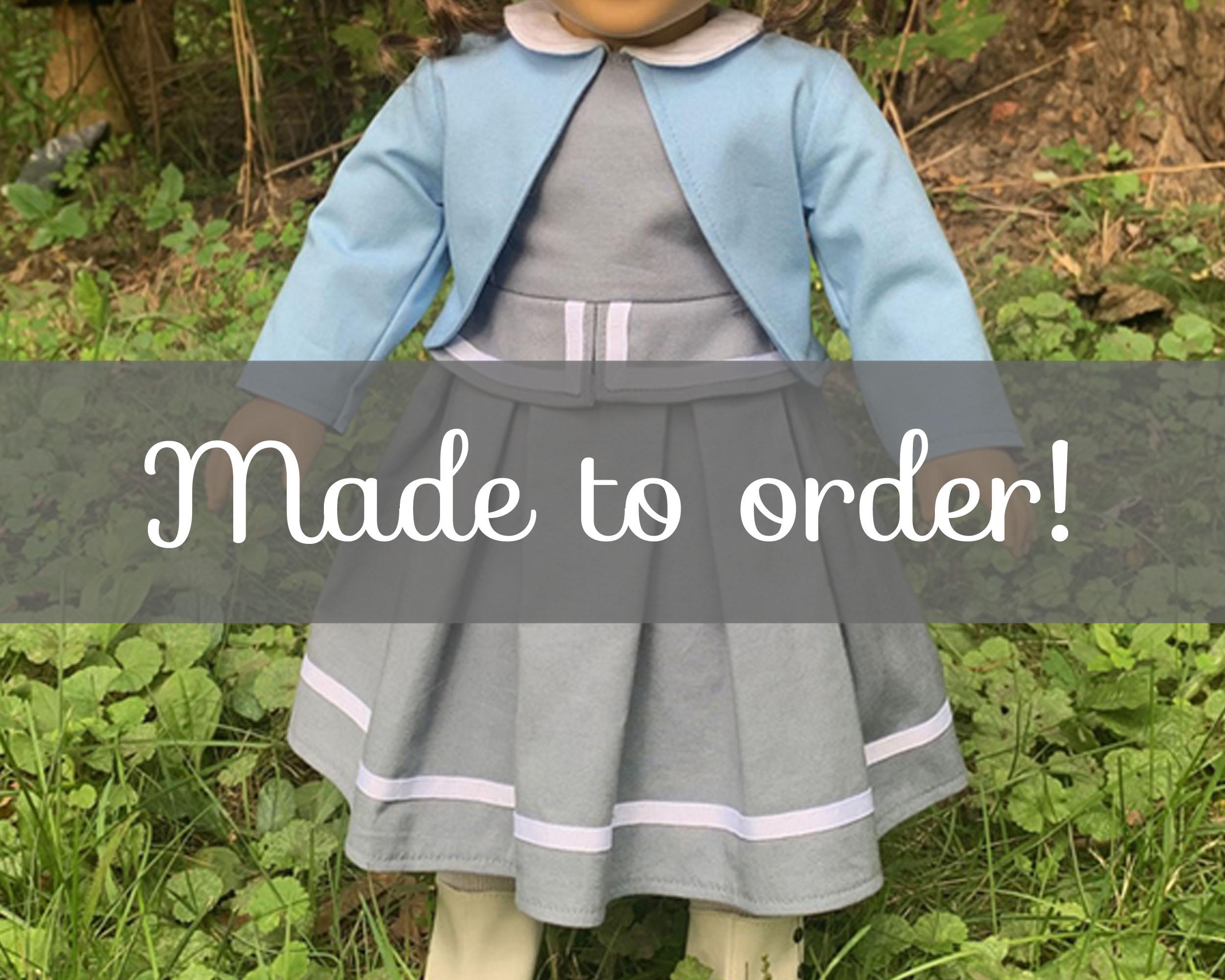 Grey 1850s dress and sky blue jacket for 18" American themed girl doll