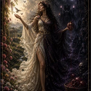 May include: A poster titled PERSEPHONE featuring a figure in a dual-toned dress, white on one side and dark purple on the other. The figure holds a white bird in one hand and a pomegranate in the other, surrounded by flowers, skulls, and text.