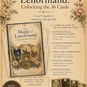 May include: A digital guide titled The Magic of Lenormand: Unlocking the 36 Cards, featuring a book cover with floral borders, card illustrations, and text detailing a complete guide, meanings, reading basics, card combinations, and spreads.