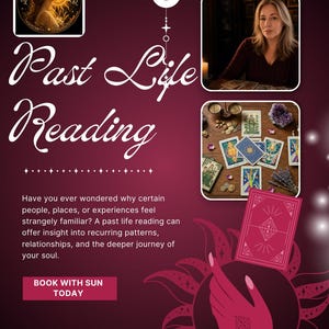 以下が含まれることがあります： Past Life ReadingおよびBook With Sun Todayというテキストが記載された前世リーディングサービスのプロモーション画像。円形の太陽のイラスト、読み手のポートレート、テーブルの上に並べられたタロットカードのデザインが含まれています。