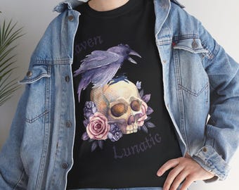 Raven Lunatic Tee, Gothic Unisex T-Shirt, Skull and Flower Graphic Shirt, Alternative Raven Tee, Dark Grunge Top, Halloween Tee, Spooky