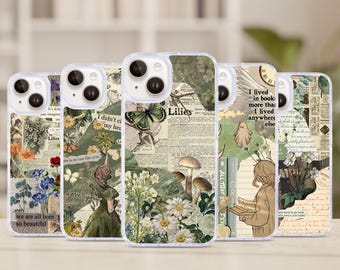 Butterfly Daisy Mushroom Collage Preppy and Cute Green Aesthetic Phone Case For iPhone, Samsung Galaxy, Google Pixel Cover
