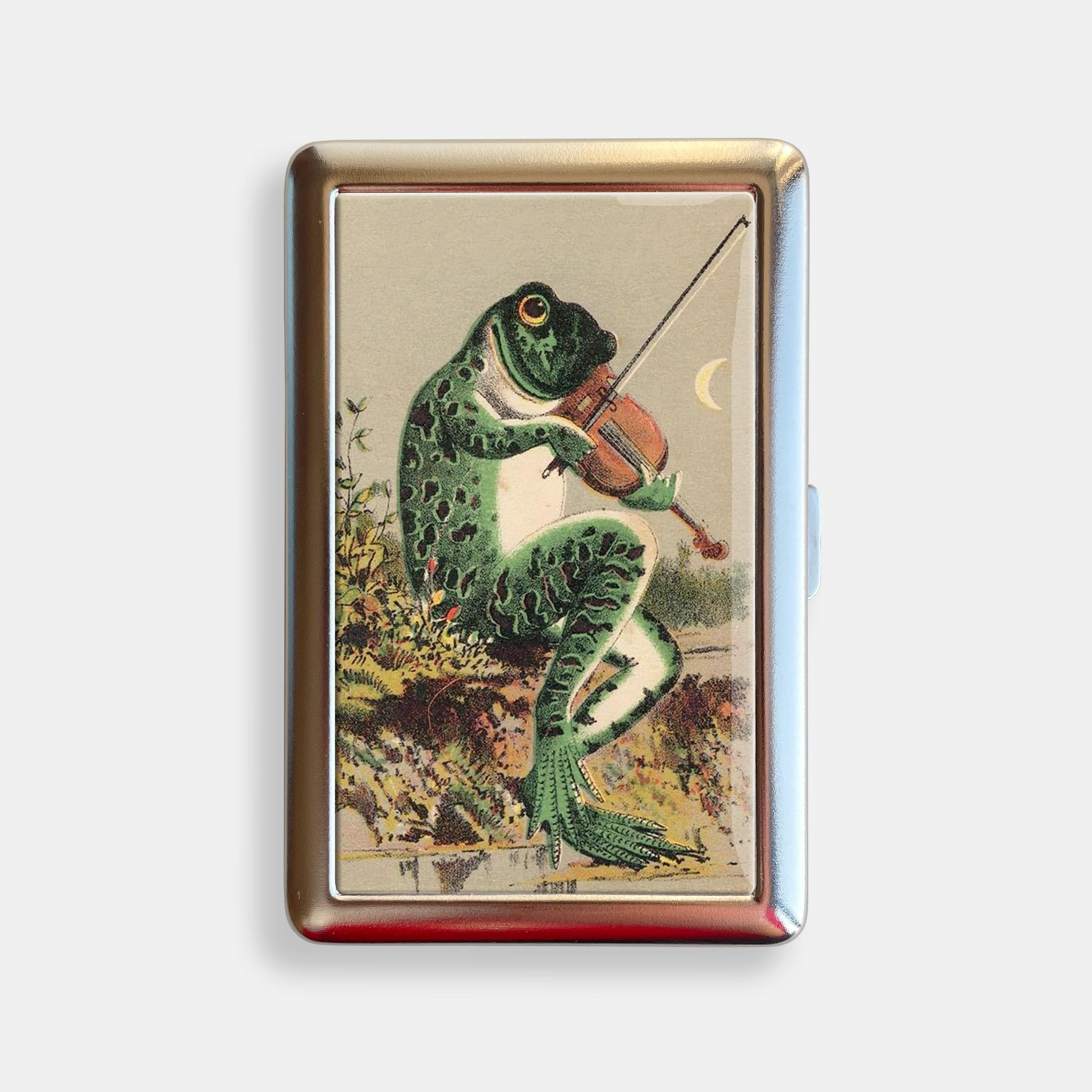 Frog Playing Violin in the Moonlight Cigarette Case Zigarettenetui Wallet Metal Joint Holder