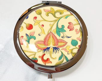 Vintage Alphabet of Flowers and Fruit Compact Mirror OR Pill Box - Gift for Her, Small Mirror, Pocket Mirror, Pill Case, Pill Organizer