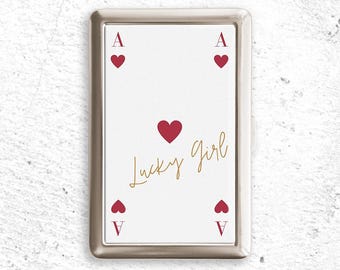 Portasigarette Lucky Girl con carte da gioco, portafoglio Zigarettenetui, porta spinelli in metallo