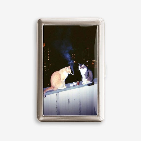 Cat Smoking Cigarette Case Zigarettenetui Wallet Vintage Metal