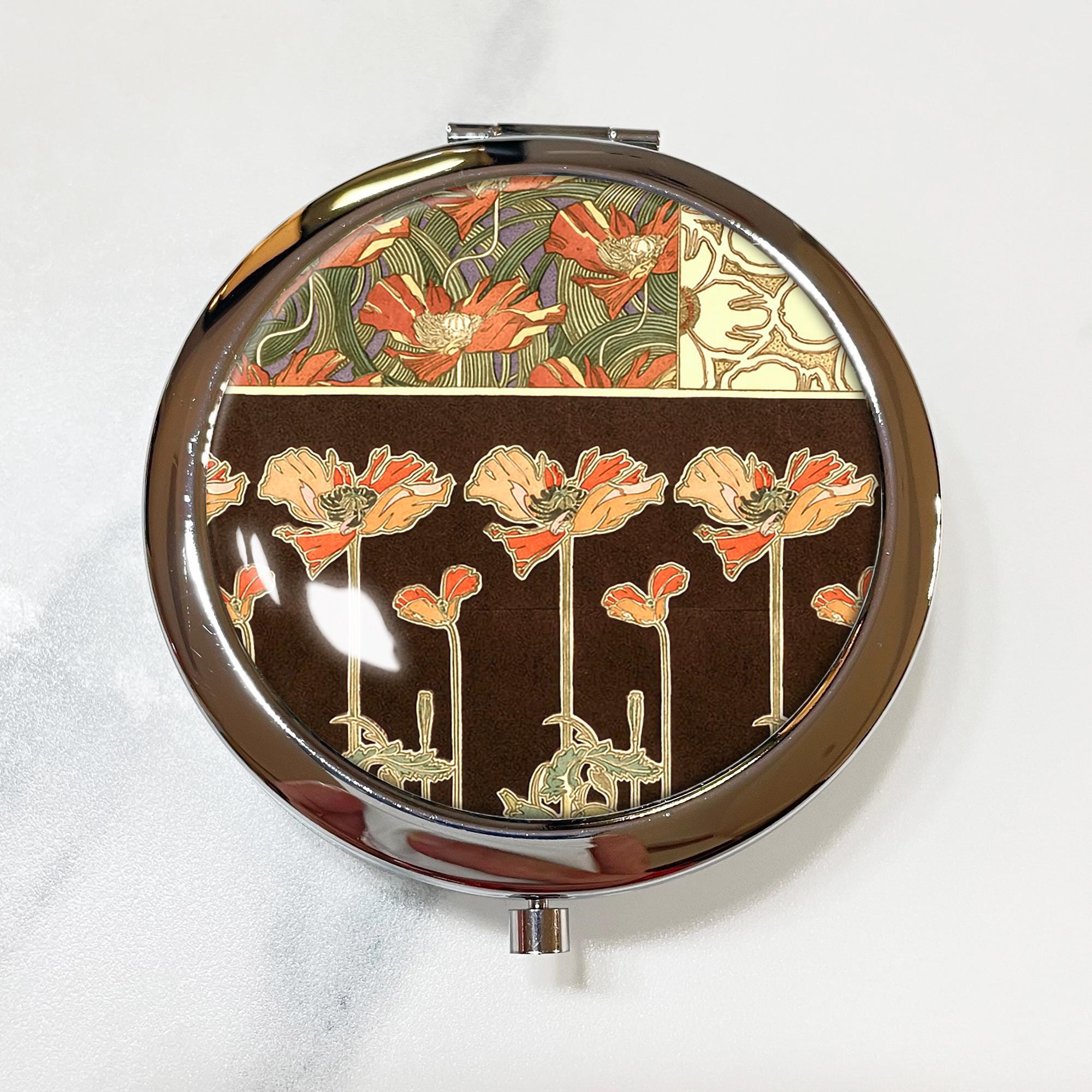 Alphonse Mucha Flowers Compact Mirror OR Pill Box - Gift for Her, Small Mirror, Pocket Mirror, Pill Case, Pill Organizer