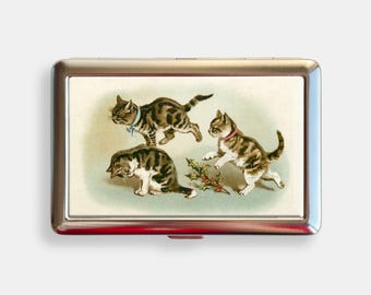 Cats Kittens Play Christmas Holly 1880s Woolson Cigarette Case Zigarettenetui Wallet Metal Joint Holder