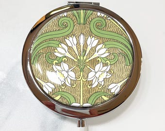 Art Nouveau Jonquil Flower Floral Vintage Compact Mirror OR Pill Box - Gift for Her, Small Mirror, Pocket Mirror, Pill Case, Pill Organizer