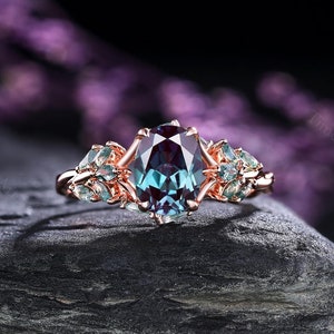 Vintage Inspired Oval Cut Alexandrite Engagement Ring Rose Gold Marquise Moss Agate Branch Cross Wedding Ring Personalized Gifts for Her