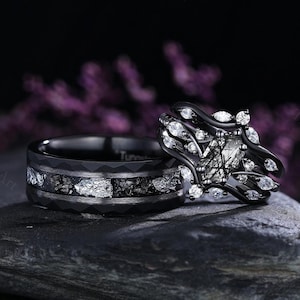 Bague pour couple unique en quartz rutilé noir, bague gothique assortie en or noir, bague météorite pour homme vintage bague de promesse pour lui et pour elle