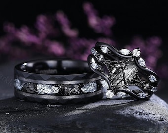 Aliança de casamento vintage hexagonal preta de quartzo rutilado para ele e para ela, conjunto de anéis góticos pretos, anel de tungstênio para homens, anel de compromisso para casais