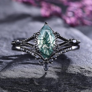 Gothic Marquise Cut Moss Agate Engagement Ring Set Black Bridal Promise Ring Anniversary Gift Wedding Ring for Women Custom Wedding Rings