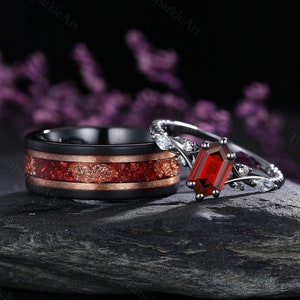 Anel gótico preto vintage hexagonal granada casal conjunto de anéis masculino meteorito tungstênio anel de casamento dele e dela anel de promessa de casal
