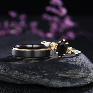 Vintage Black Onyx Couples Ring Black Gold Matching Ring Set His and Hers Wedding Band Promise Ring For Men For Women Black Gemstone