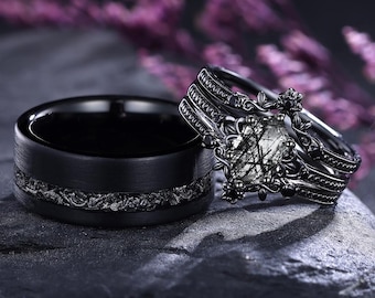 Conjunto de anéis de casal em quartzo rutilado preto com design de folha natural, anéis de noivado para mulheres e homens, aliança de casamento em tungstênio, presente de aniversário para casais.