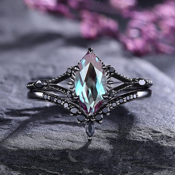 Marquise Alexandrite Engagement Ring Set Black Gold Witchy Bridal Ring Personalized Gifts for Her Unique Black Spinel Wedding Stacking Rings