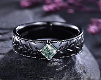 Engraved Leaf and Branch Ring Mens Wedding Band Moss Agate Wedding Ring for Him Black Engagement Ring Nature inspire Ring Statement Ring