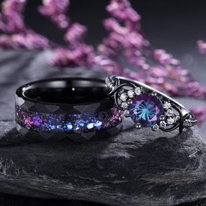 Anéis de casal de alexandrita gótica, anéis com corte de fogos de artifício, alianças de casamento para ele e para ela, anel de tungstênio com estrela de meteorito masculino, anéis de noivado para casais