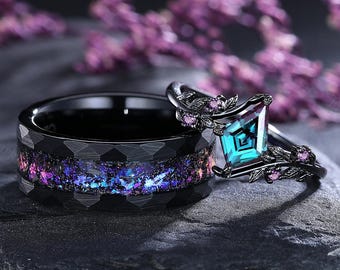 Kite Alexandrite Couple Ring Set Leaf Cluster Amethyst Wedding Ring Galaxy Meteorite Mens Wedding Band His and Hers Rings Personalized Gifts