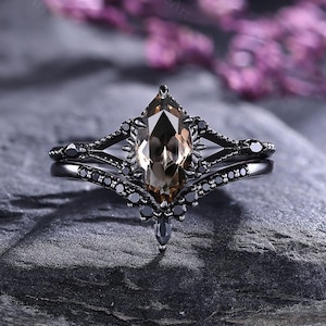 Gothic Marquise Smoky Quartz Engagement Ring Set Black Gold Bridal Promise Ring Anniversary Gifts Witchy Ring for Women Wedding Custom Rings