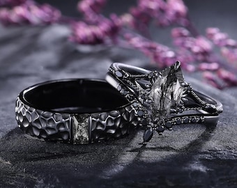 Conjunto de anéis de casal em quartzo rutilado preto, estilo gótico, para casamento, alianças de noivado para ele e para ela, anel de compromisso para a noiva.