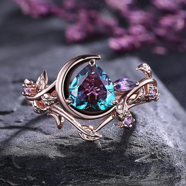 Heart Shape Alexandrite Amethyst Engagement Ring Set Rose Gold Moon Bridal Promise Ring Leaf Ring Anniversary Gifts Wedding Ring for Women