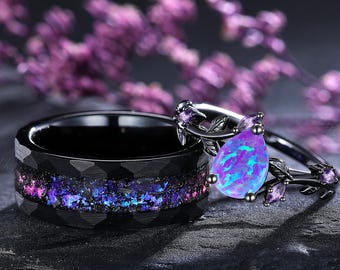Gothic Purple Opal Couple Ring Set His and Hers Ring Set Vintage Opal & Galaxy Orion Nebula Couples Ring Purple Gem Matching Wedding Bands