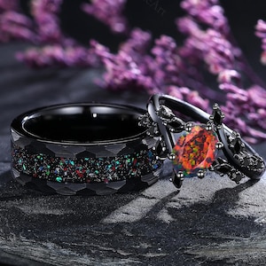 Gothic Black Gold Fire Opal Couple Ring Set His and Hers Ring Opal Bridal Ring for Her Alternative Engagement Ring Matching Wedding Rings