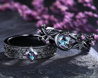 Nature Inspired Alexandrite Couple Ring Set Black Gold Leaf Engagement Ring Alexandrite Moon Design Ring His and Hers Wedding Rings Gifts