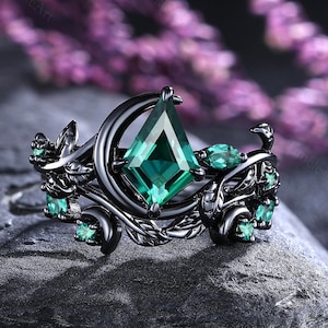 Gothic Kite Smaragd Hochzeit Ring Set Mond & Blatt Verlobungsring Braut Passende Ringe Witchy Ring Versprechen Ring für Frauen Jahrestag Geschenke
