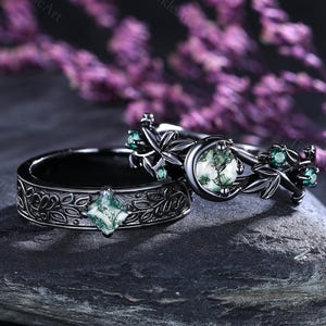 Blatt Moos Achat Paare Ring Set Gothic Schwarz Gold Zweig Verlobungsring Smaragd Hochzeit Band Seine und Sie Ring Set Handgemachtes Geschenk für Frauen