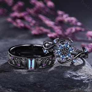 Alexandrit Passendes Paar Ringe Amethyst Natur inspirieren Blatt & Zweig Verlobungsring Set 14K Schwarzgold Versprechen Ringe für Männer und Frauen