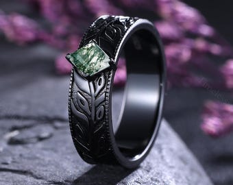 Moss Agate Leaf Engraved Wedding Ring Green Mos Agate Ring Mens Wedding Band Gothic Black Engagement Ring for Women Proposal Ring for Him