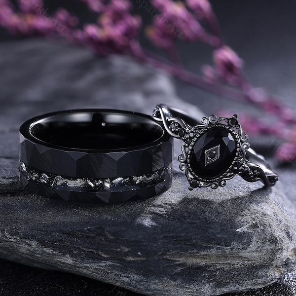 Gothic Black Onyx Couple Rings Black Gold Wedding Ring Set Men's Meteorite Tungsten Band His and Hers Engagement Rings Couples Promise Rings