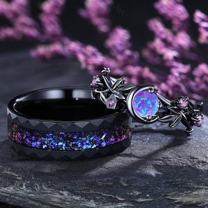 Lavender Opal Couple rings Purple Opal Leaf Engagement Ring Galaxy Nebula Wedding Band Crescent Moon Women&#39;s Bridal Ring Anniversary Gifts
