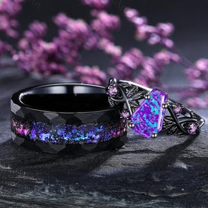 Galaxy Purple Opal Wedding Ring Set Purple Opal Engagement Ring Nature Inspired Leaf Design Wedding Band Gothic His and Hers Matching Rings