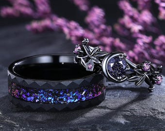 Black Gold Blue Sandstone Galaxy Nebula Ring Blue Sandstone Couple Ring Moon Star Ring Leaf & Moon Engagement Ring Cluster Ring for Women
