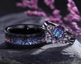 Anillos de pareja con alejandrita talla fuegos artificiales góticos. Conjunto de anillos de boda inspirados en la naturaleza y la luna. Anillos a juego para él y para ella. Anillos de promesa para parejas. Regalos.