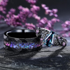 Anillo de boda de alejandrita con forma de ataúd, anillo de compromiso de alejandrita, banda de boda de vid, anillo de amatista de inspiración natural, anillos góticos para parejas